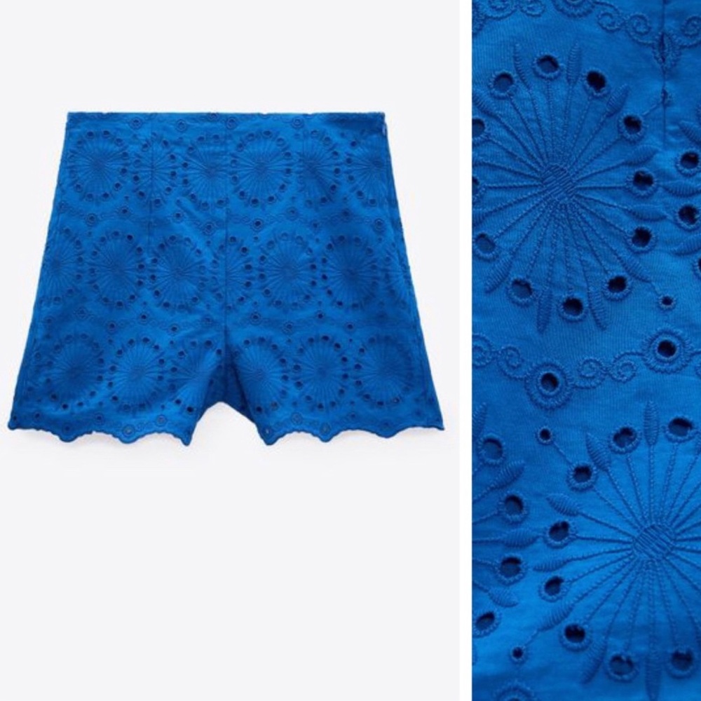 Zara- Embroidered Blue Eyelet High-Waisted Shorts